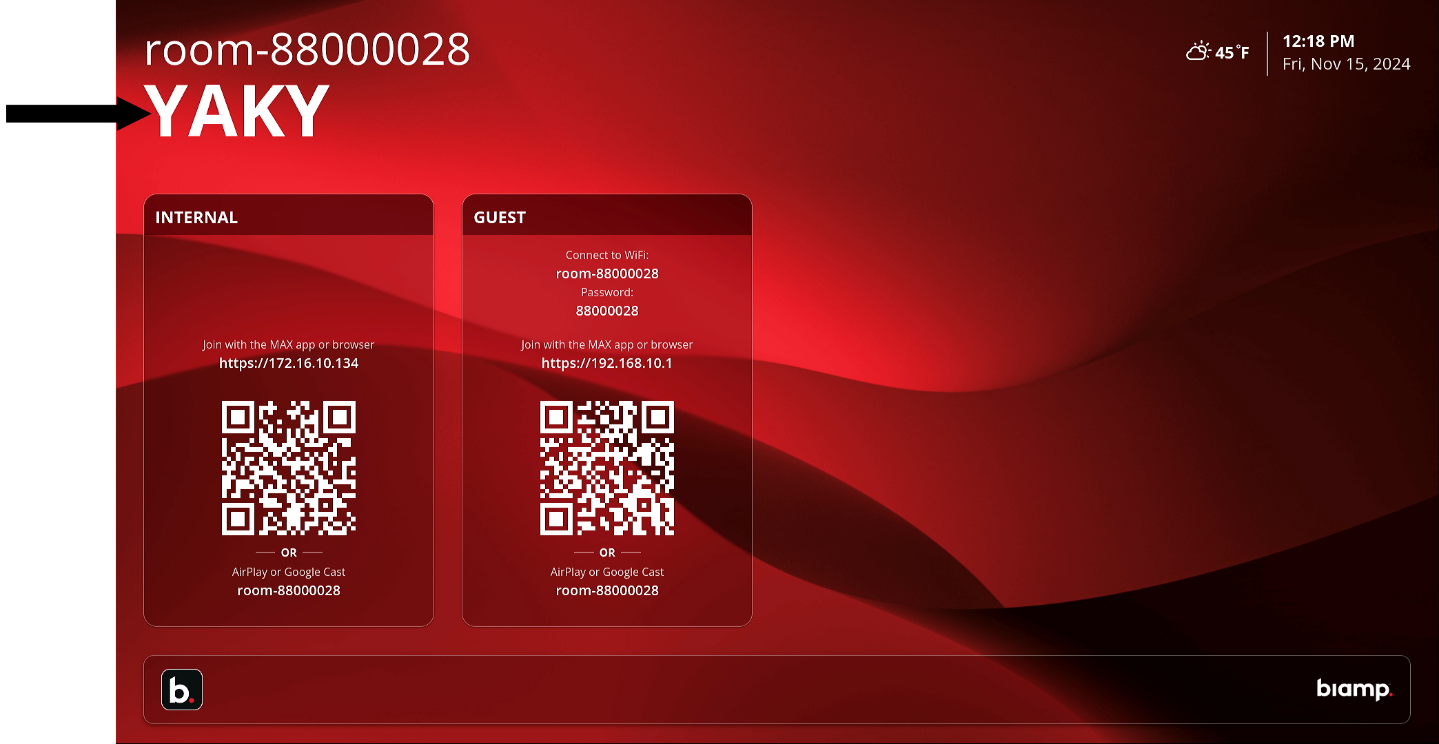 The room monitoring with a callout arrow pointing towards the current session ID